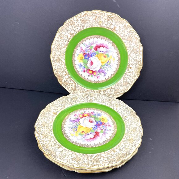 Set 3 Bohemia Czechoslovakia Bone China Dinner Green & Gold Floral Plates 10.5” - Picture 1 of 10